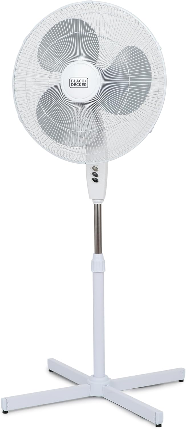 BLACK+DECKER 18-Inch Pedestal Fan, BFP18SXW, Oscillating Fan for Home and Office, Standing Fan with 3 Speed Settings, Height Adjustable Floor with Adjustable Head Tilt, White