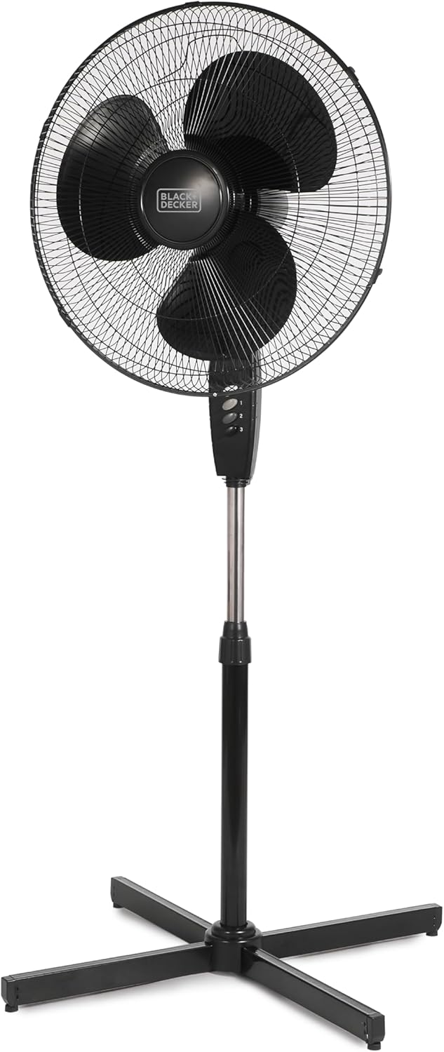 BLACK+DECKER 18-Inch Pedestal Fan, BFP18SXB, Oscillating Fan for Home and Office, Standing Fan with 3 Speed Settings, Height Adjustable with Adjustable Head Tilt, Black