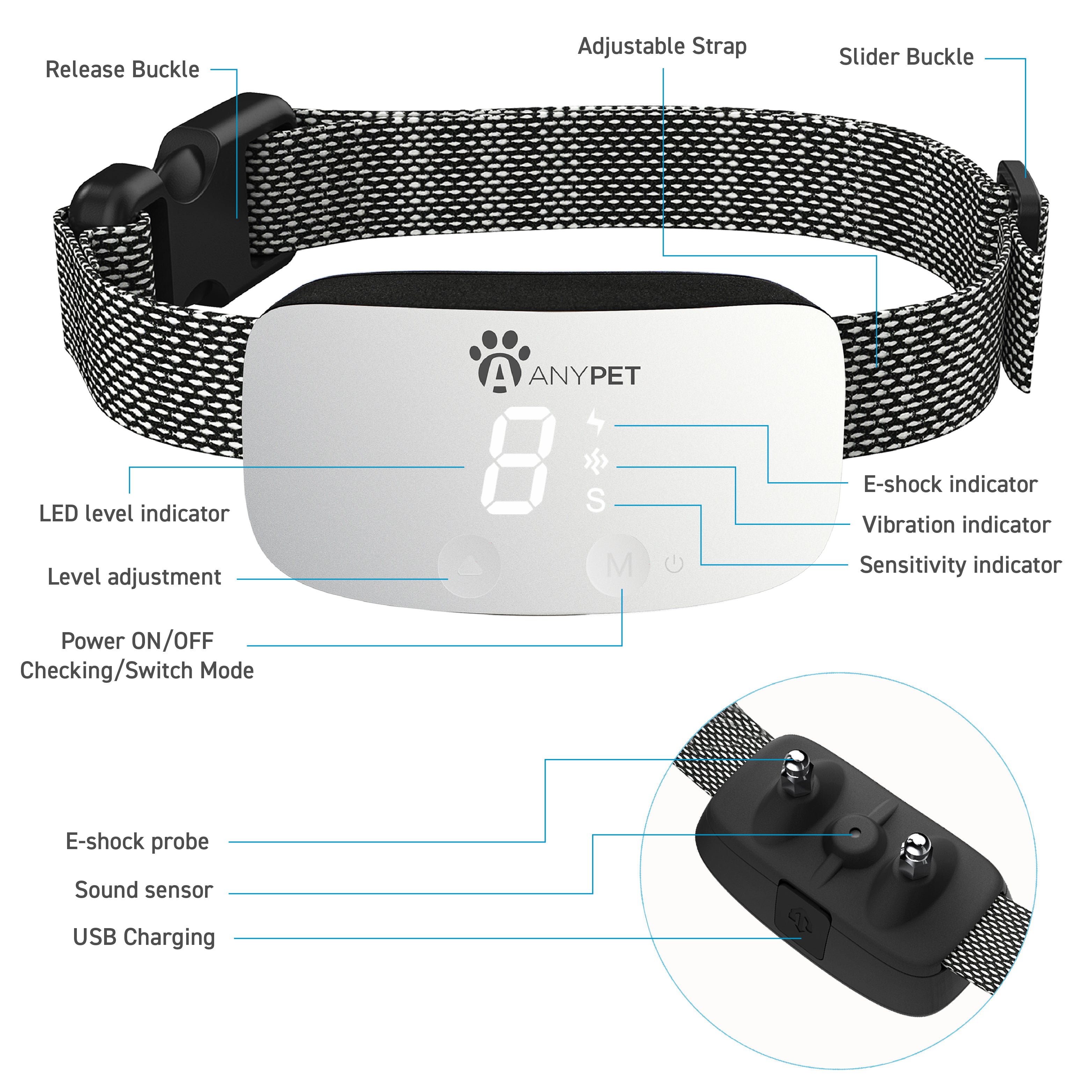 AnyPet Dog Bark Electronic Training Collar with Sound, Vibration and Static Modes, 7 Levels of Intensity, Soft Nylon Material, Easy-Snap Buckle, and Rechargeable Light-Up LED Display