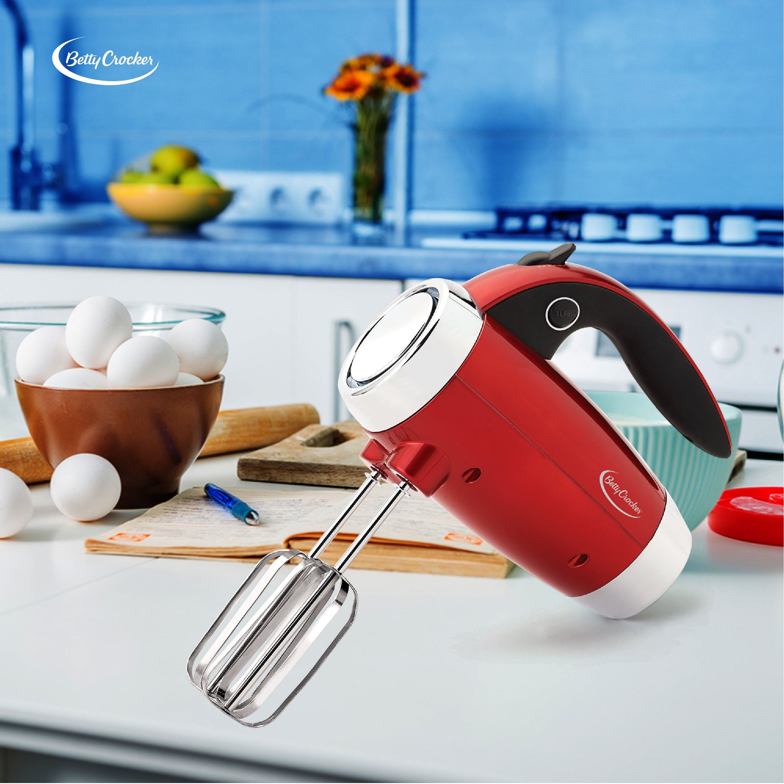 Betty Crocker 7 Speed Hand Mixer with Stand with Chrome Beater and Hooks, Metallic Red