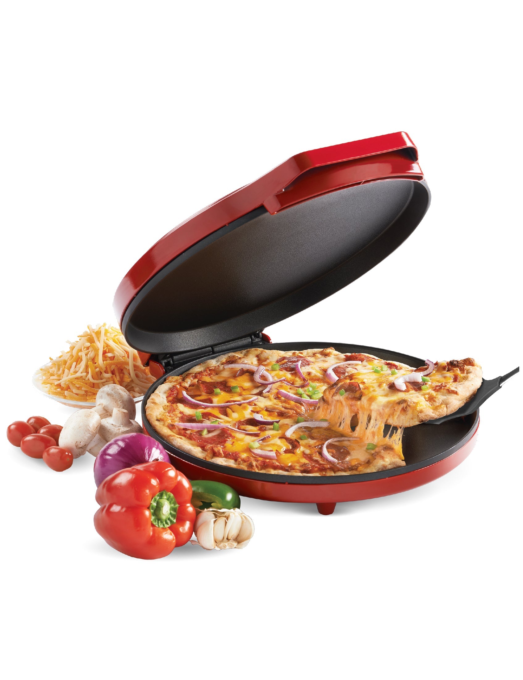 BETTY CROCKER Personal Nonstick Ceramic Heater for Pizzas and More, Red